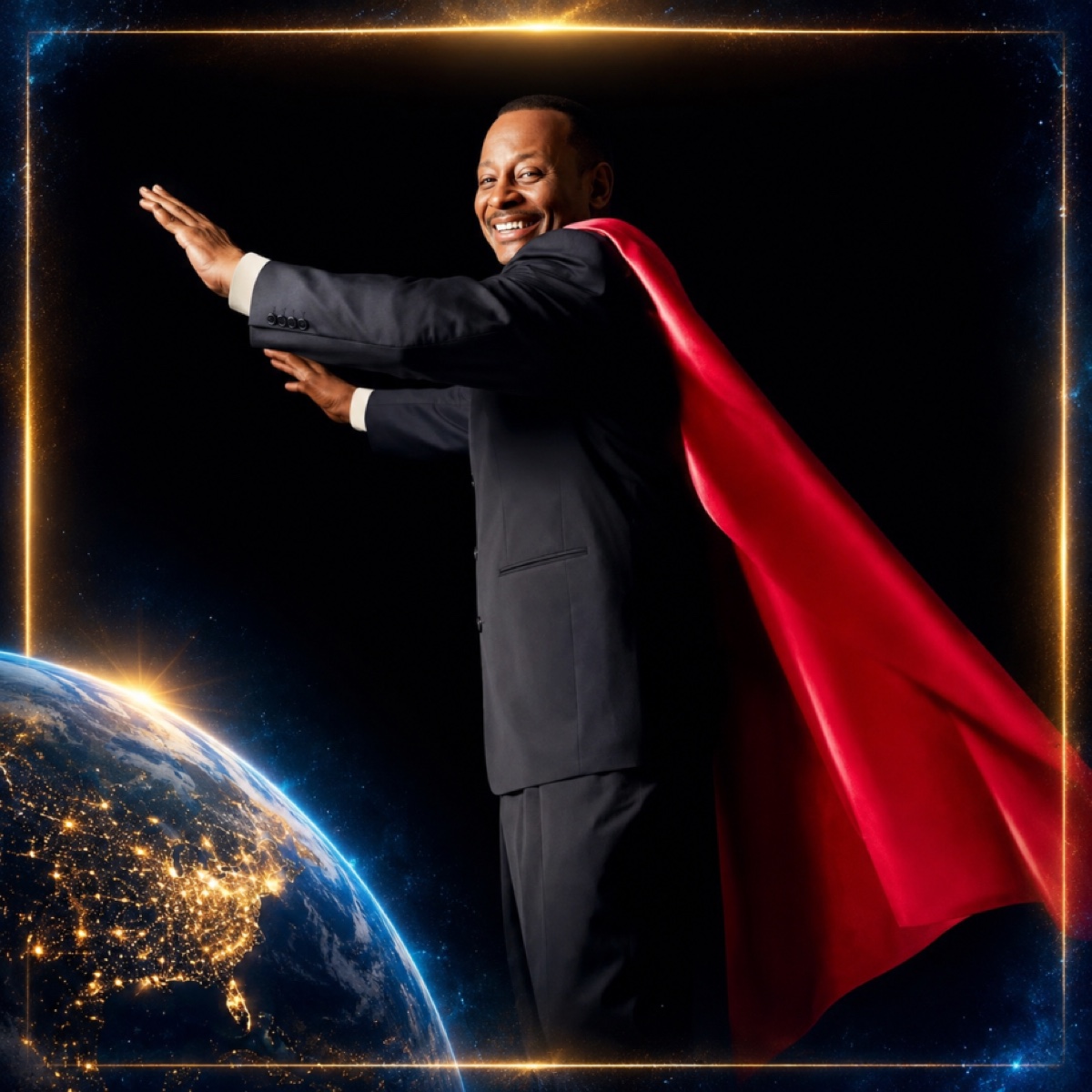 Superstar Platforms hero portrait with gold starfield border